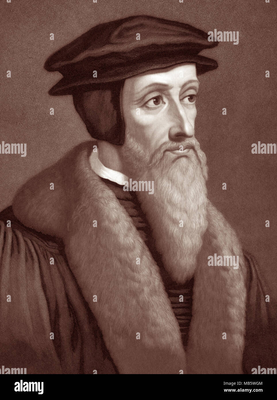 John Calvin (1509–1564) was a French Protestant theologian, pastor and key reformer in Geneva, Switzerland during the Protestant Reformation. His views of Christian theology later become known as Calvinism. Stock Photo