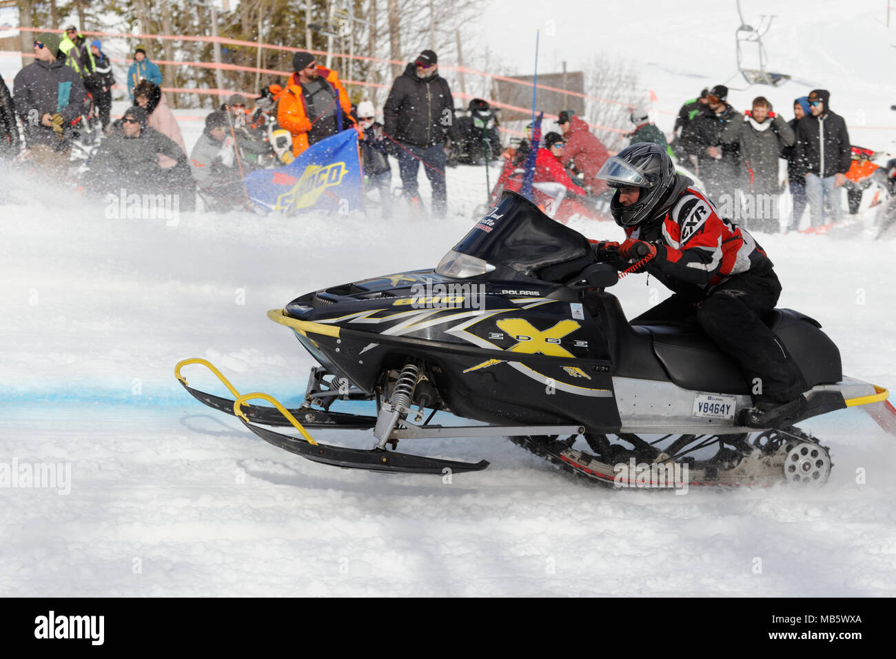 Quebec, Canada 4/7/2018 Snowmobile uphill drag race held on the slopes