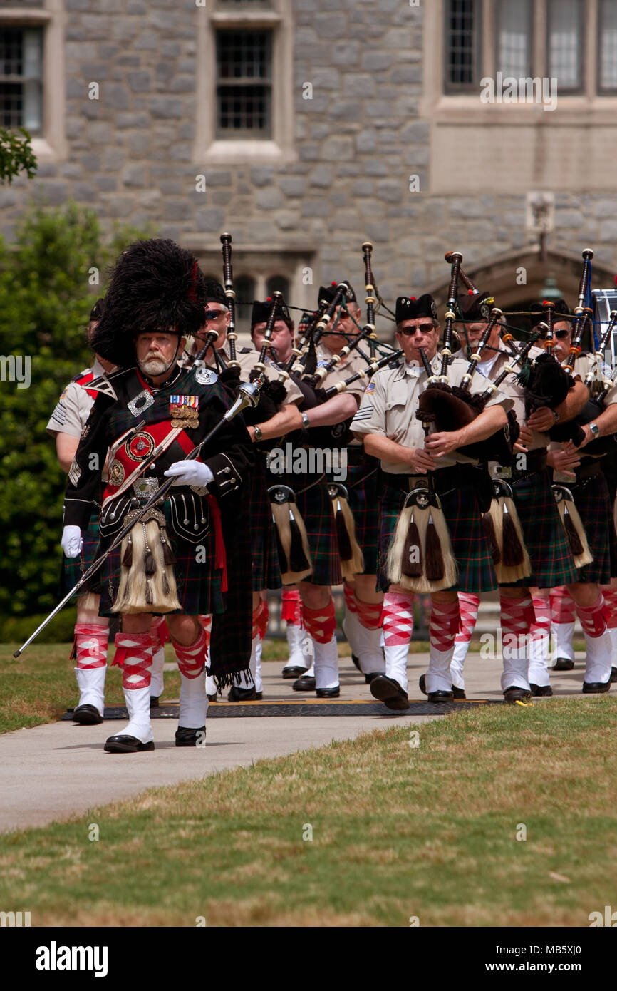 A local bagpipes band plays to open the GREAT festival, a spring festival celebrating Great Britain and the UK on May 25, 2013 in Atlanta, GA. Stock Photo
