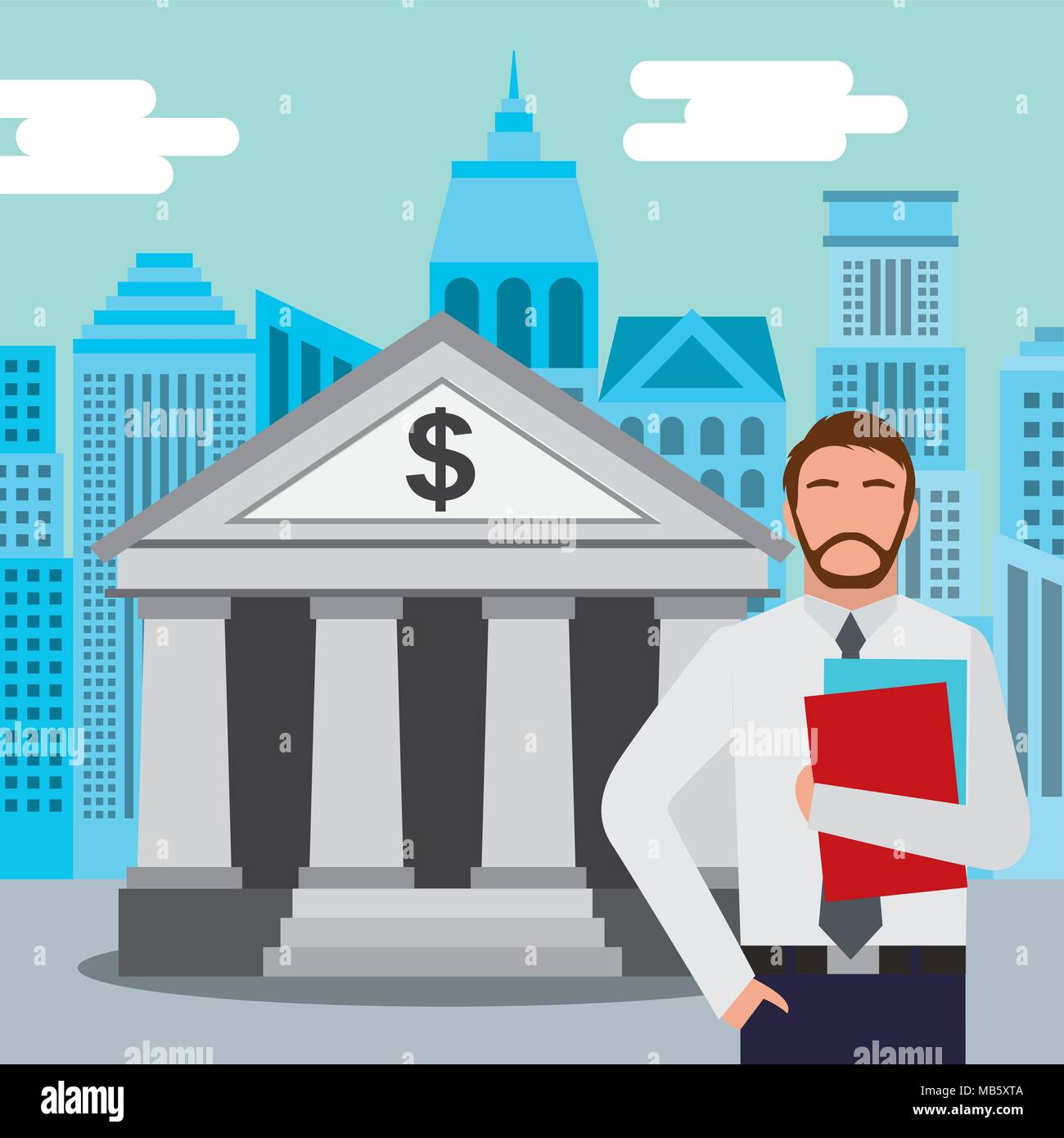 businessman standing at the bank building finance institution with city background Stock Vector