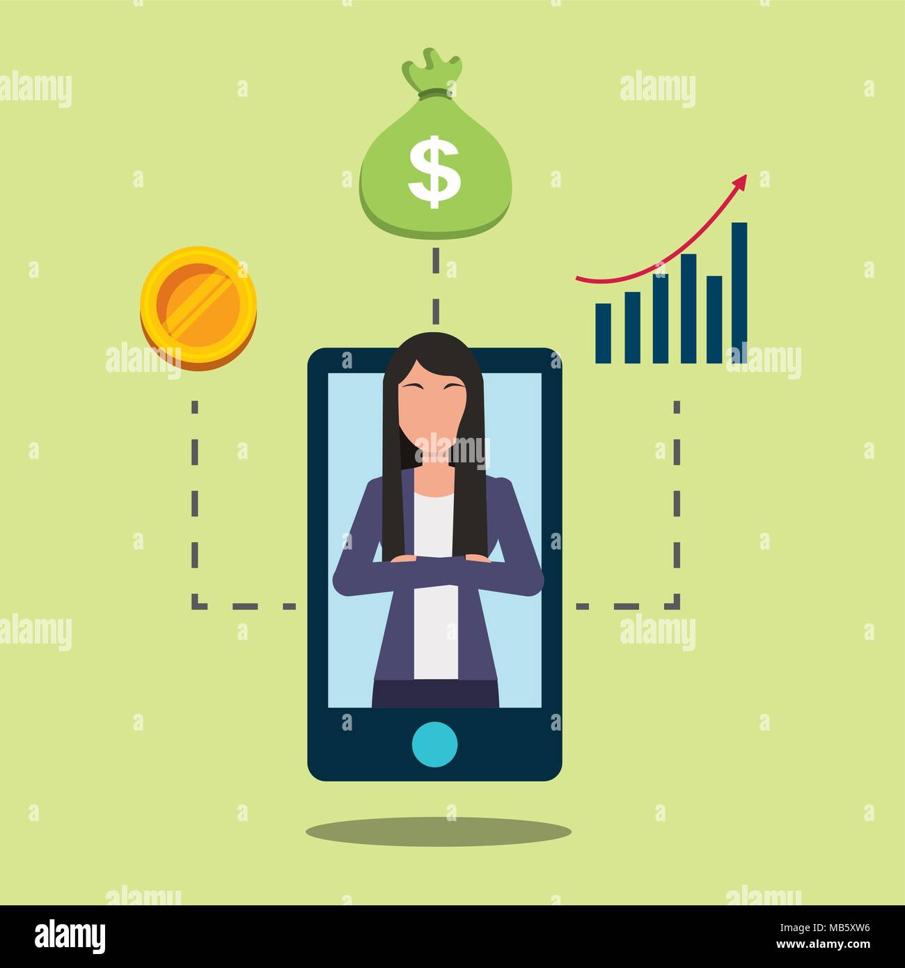 smartphone with business woman on display financial bank Stock Vector ...