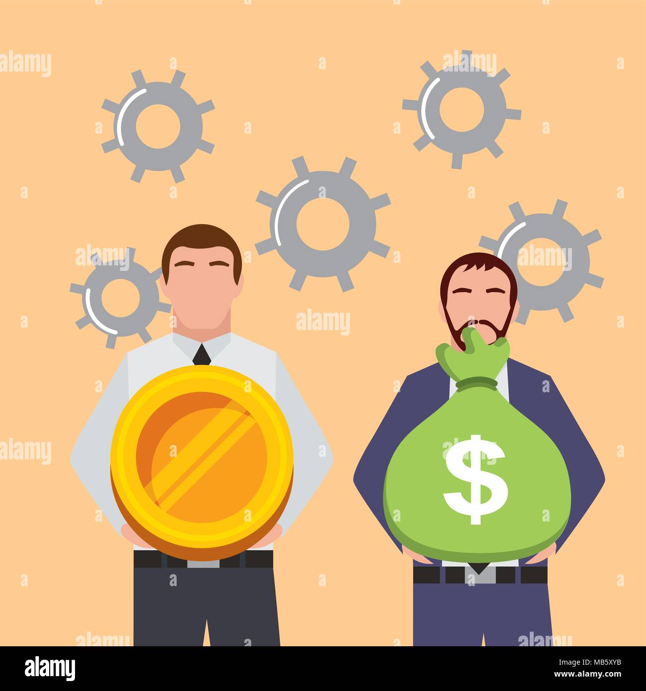 businessmen holding bag money and gold coin in hands gear background ...