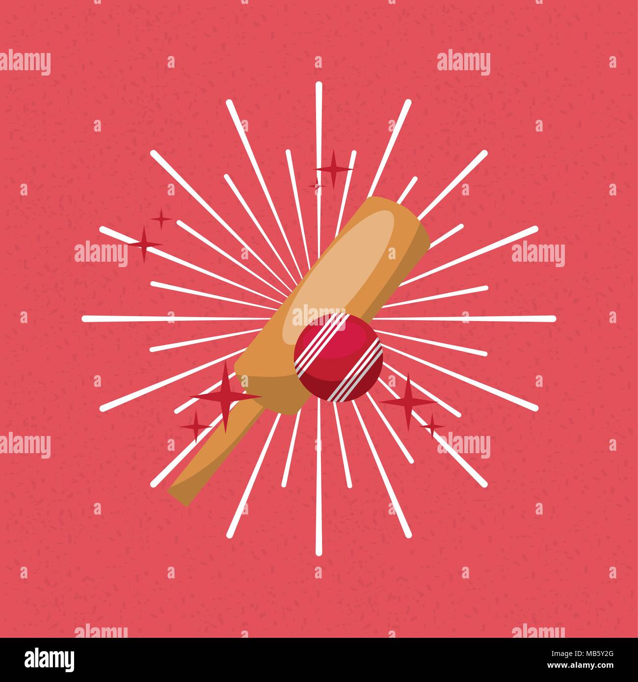 cricket bat and red ball sport sunburst color background Stock Vector