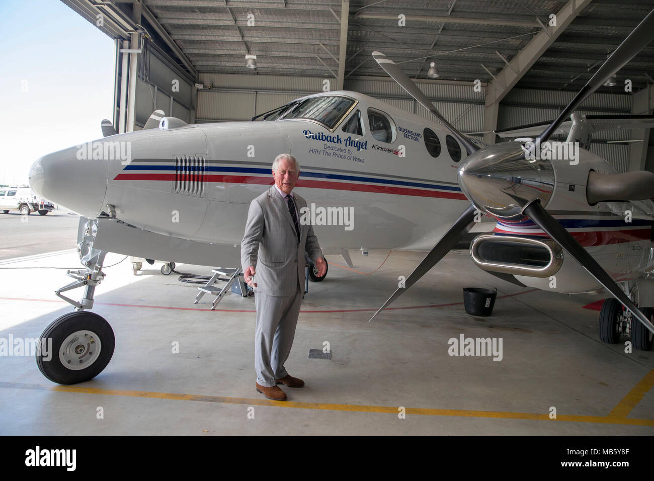 The Prince of Wales officially names the new 'intensive care unit of the sky' a B350 Super King Air plane at the Royal Flying Doctors Service base in Cairns during day five of his tour of Australia. Stock Photo