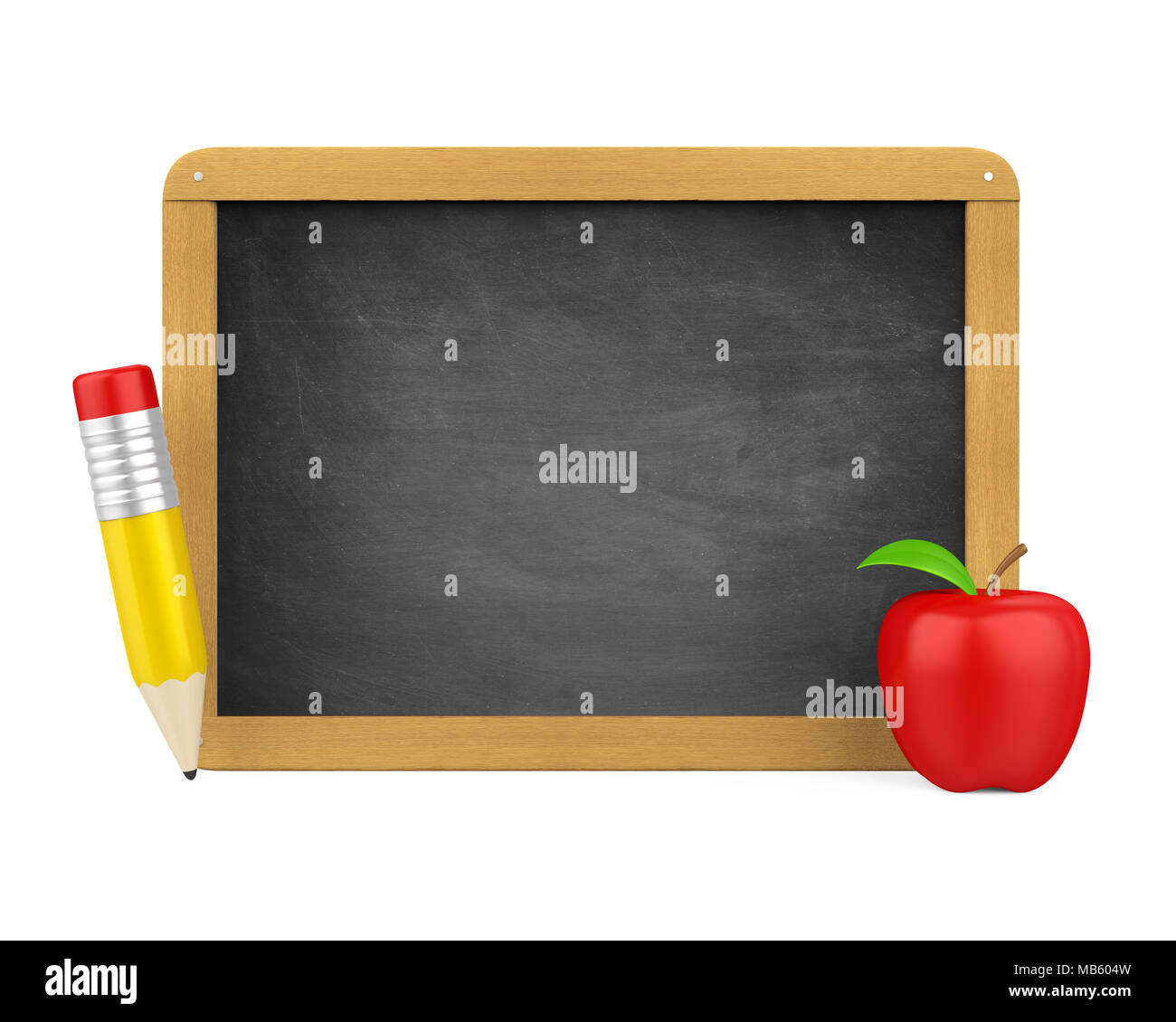 Blank Chalkboard with Pencil and Apple Isolated Stock Photo