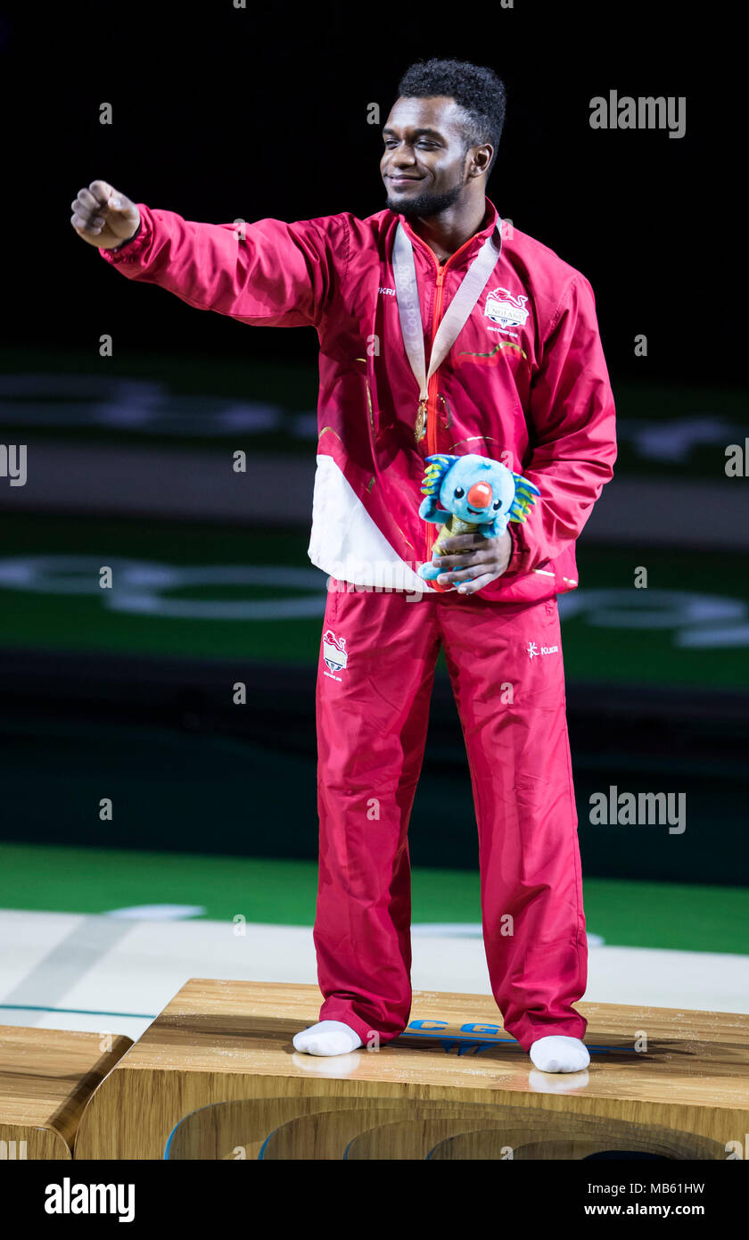 England's Courtney Tulloch with his gold medal after the Men's Rings at the Coomera Indoor Sports Centre during day four of the 2018 Commonwealth Games in the Gold Coast, Australia. Stock Photo