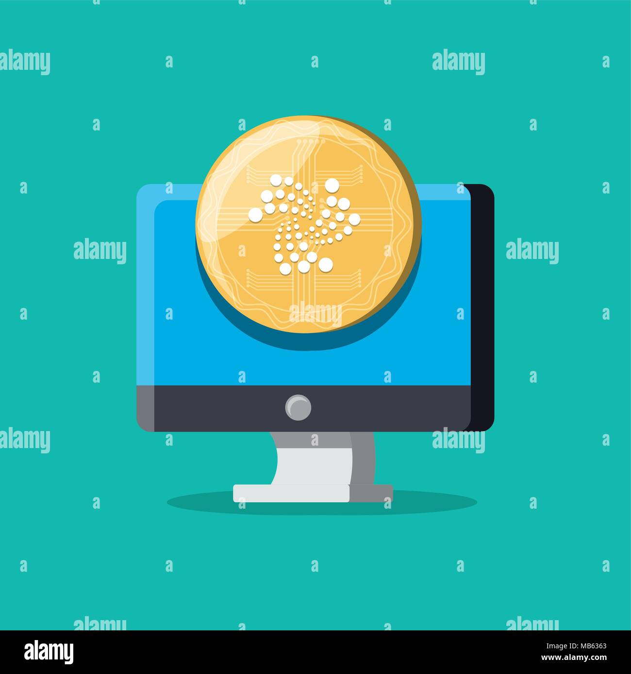 Computer with IOTA coin over turquoise background, colorful design. vector illustration Stock Vector