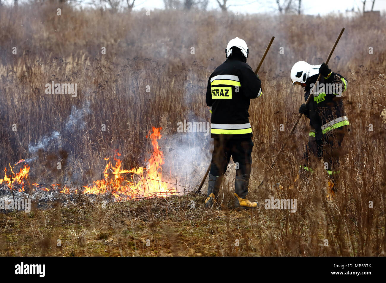 Guard during fire fighting on dry meadows Stock Photo - Alamy