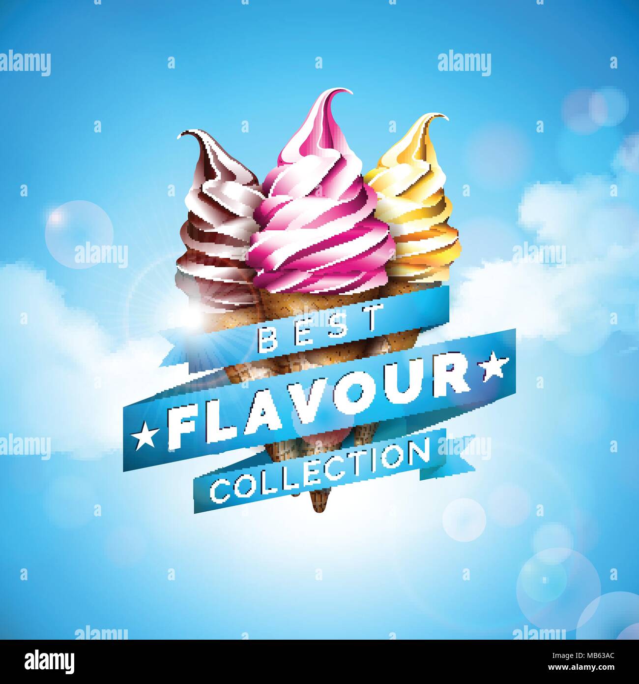 Ice cream illustration with delicious dessert and labelled ribbon on blue  sky background. Vector design template for promotional banner or poster  with vanilla, chocolate, punch Stock Vector Image & Art - Alamy
