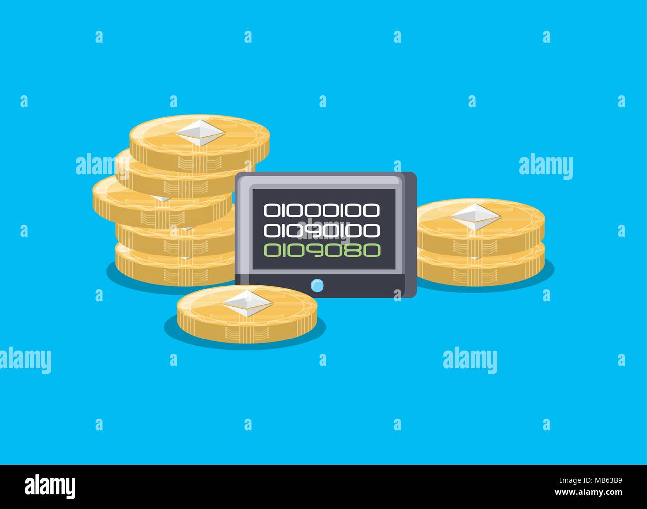 One Tablet One Coin tablet and stack of cryptocoins over blue background, colorful design ...