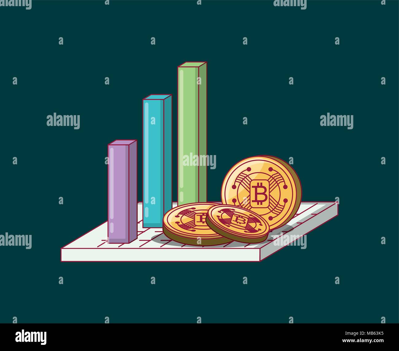 bar chart with cryptocoins over green background, colorful design. vector illustration Stock Vector