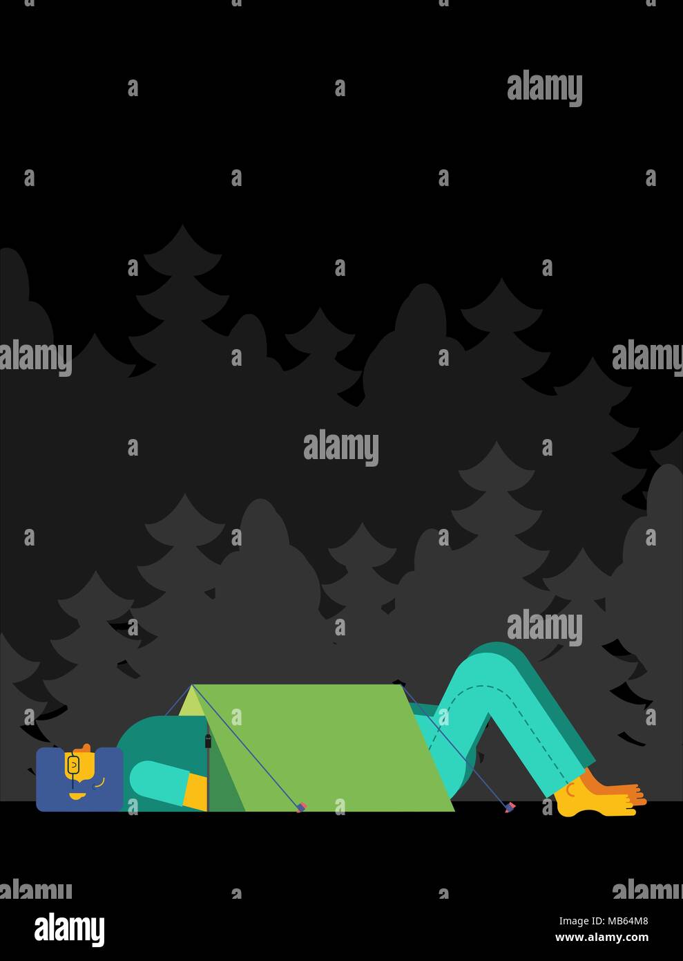 Hike at night. Sticking out head and legs from tent. Sad camping Stock