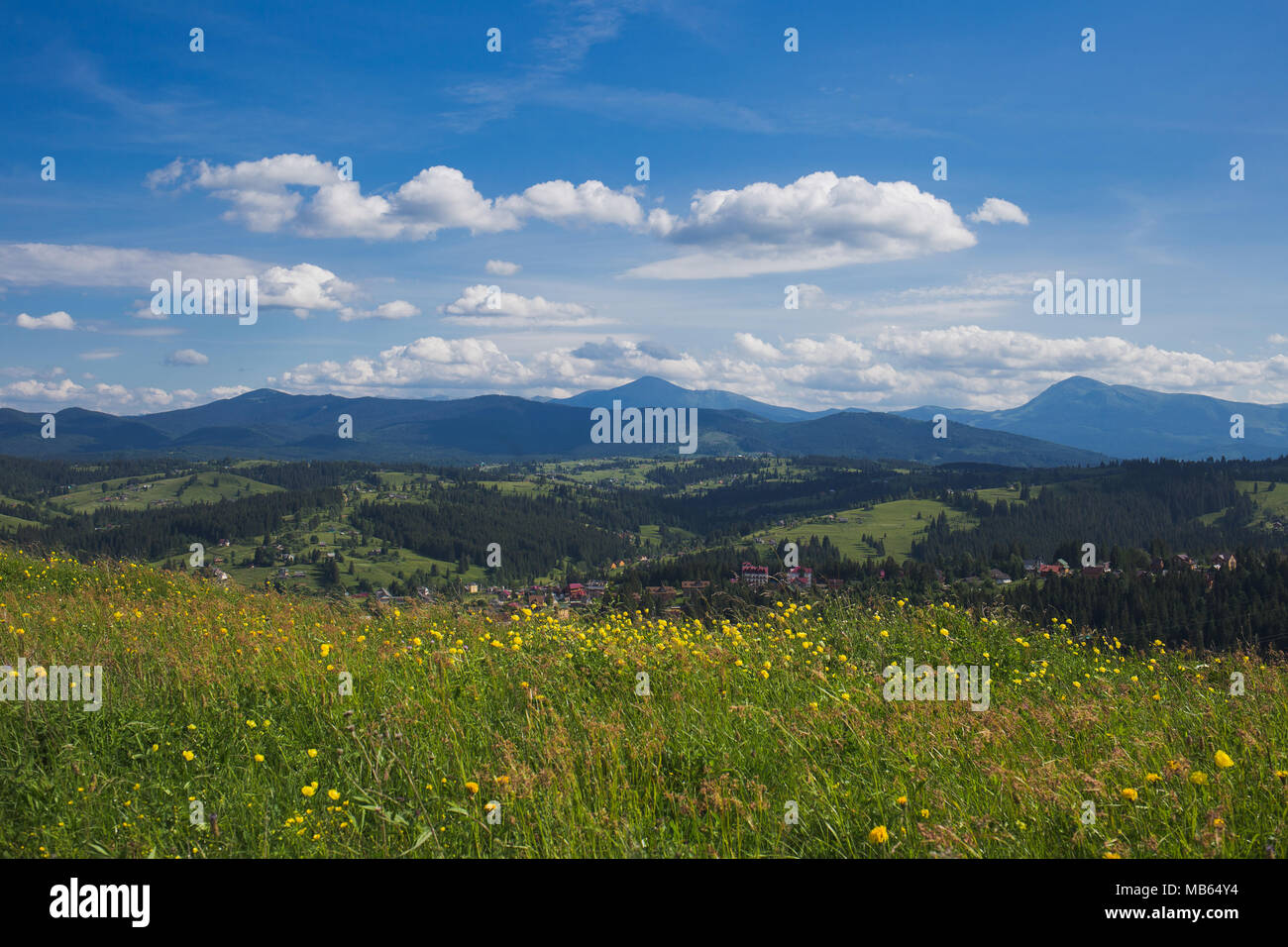 Beautiful scenic summer landscape with blue bright sky and white clouds ...