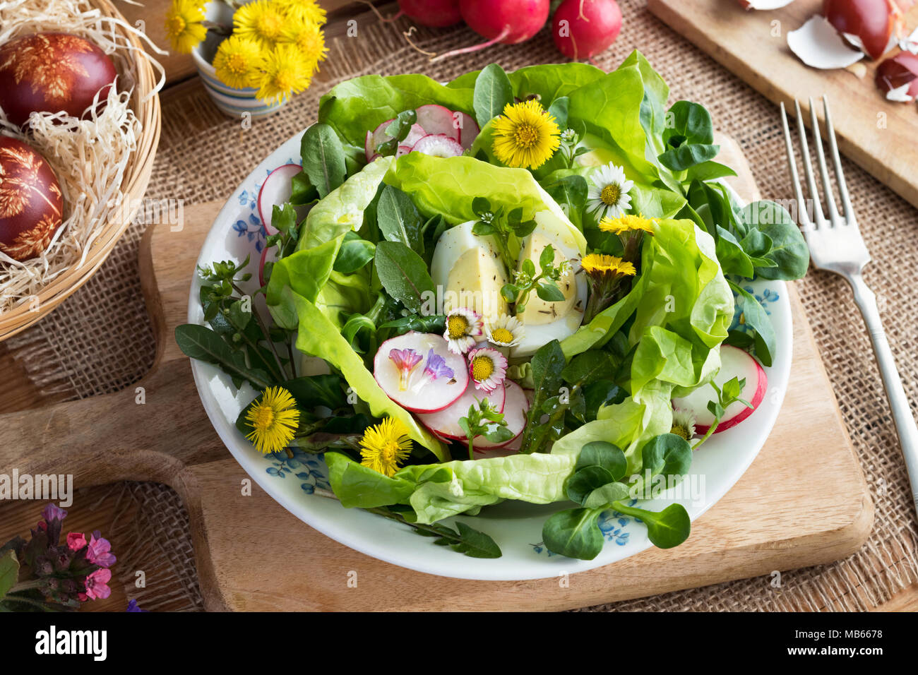 Spring salad with dandelion leaves, chickweed, daisies and other wild