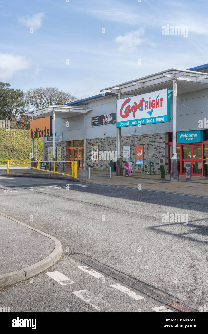 CarpetRight is possibly facing store closures in UK - exterior of Bodmin Retail Park CarpetRight store before potential closures. Out of town shopping Stock Photo