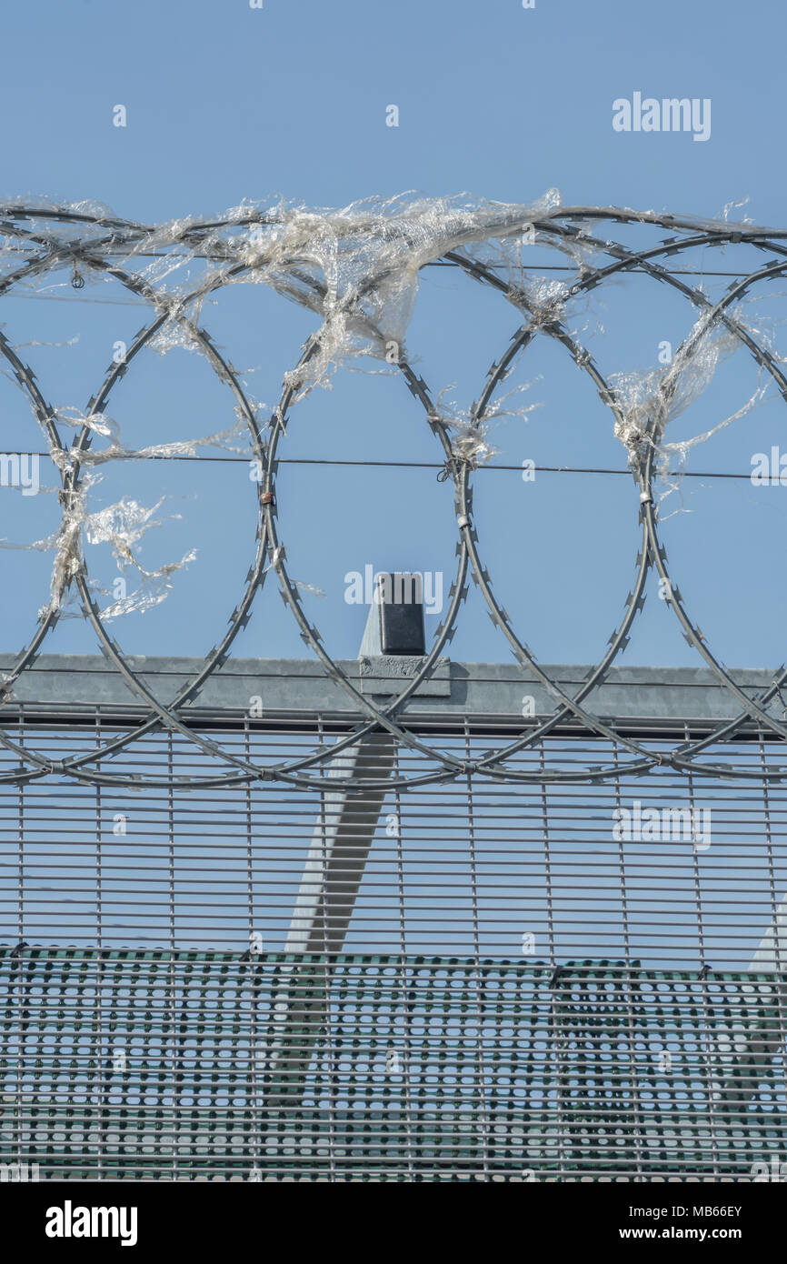 Coiled razor wire upon which plastic wrapping has become ensnared ...