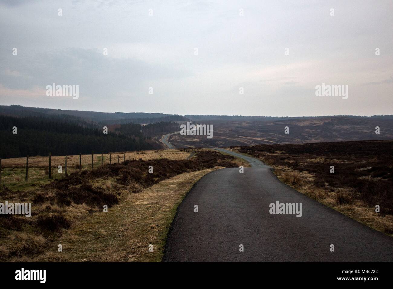 Long winding tarmac road over North Yorkshire  Moors with Moorland and fields, England, UK Stock Photo