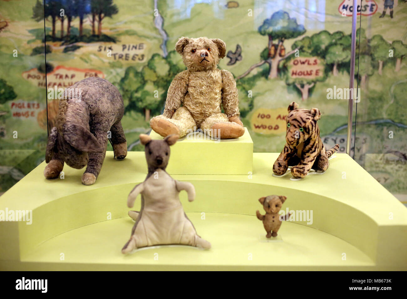 The original Pooh Bear which is on display in the Childrens section of the New York Public library in New York City, USA Stock Photo