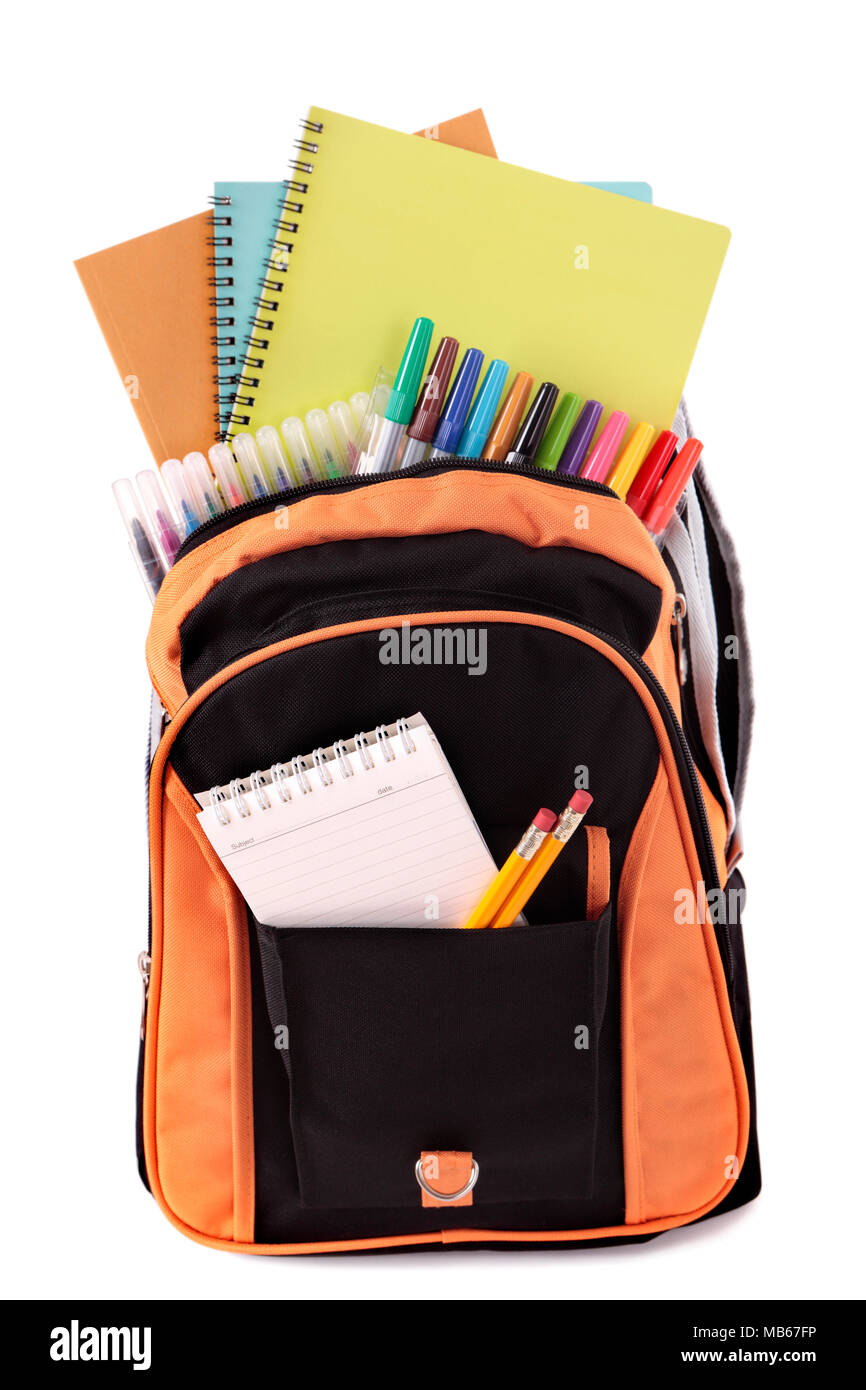 School bag with student supplies Stock Photo