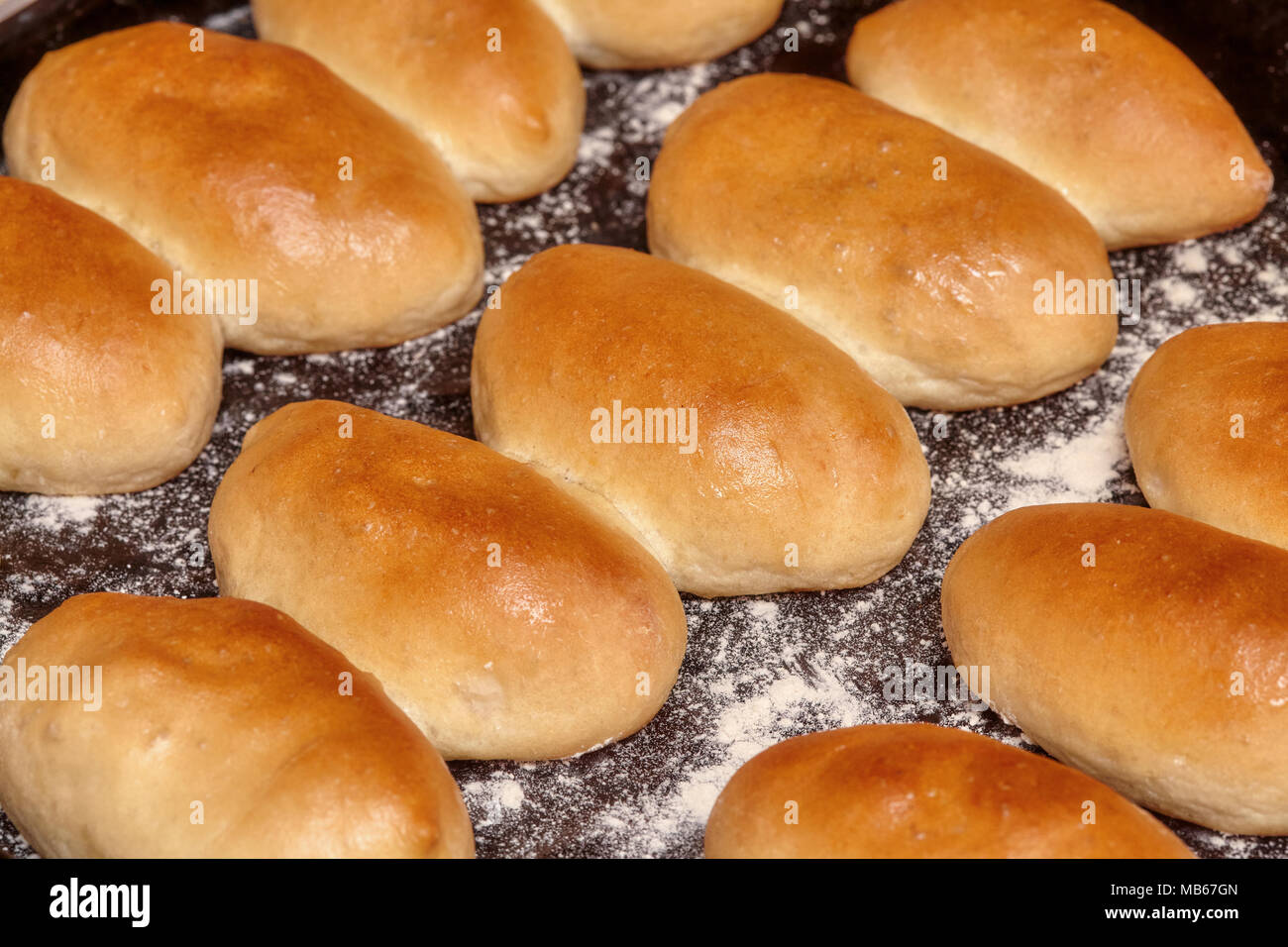 Homemade russian pirozhki, fresh baked patties or pies, closeup Stock Photo