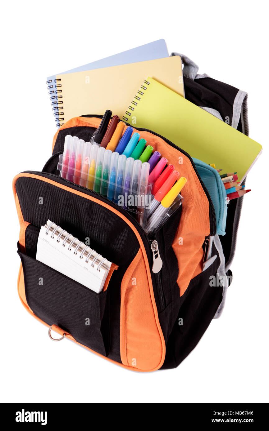 Menagerry gravity Prehistoric School bag with books and equipment Stock Photo - Alamy