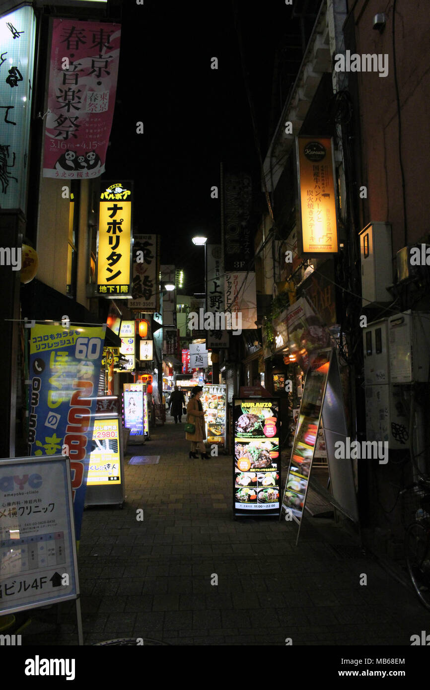 Translation: Ameyoko Shopping Street. The alleys around have food and other stalls. Taken in Tokyo, February 2018. Stock Photo
