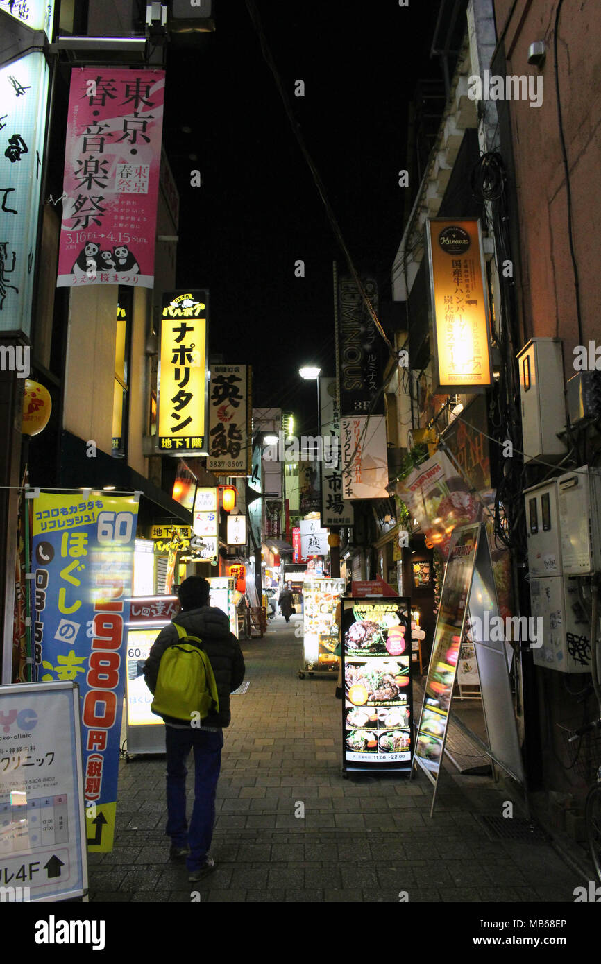 Translation: Ameyoko Shopping Street. The alleys around have food and other stalls. Taken in Tokyo, February 2018. Stock Photo
