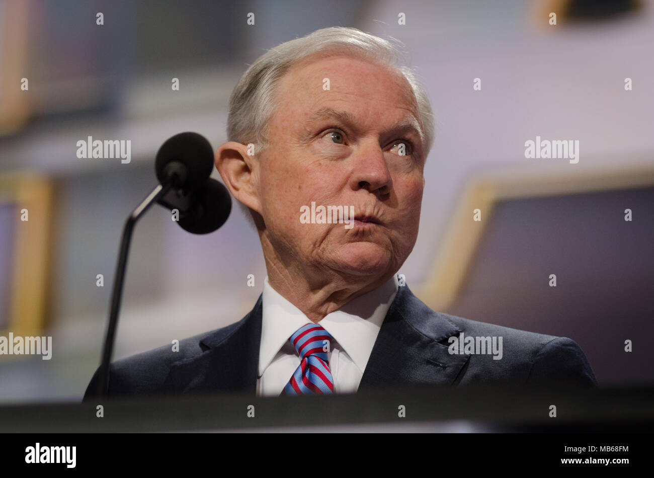 CLEVELAND - July 18, 2016: Senator Jeff Sessions stumps for presumptive Republican presidential nominee Donald Trump at the Republican National Convention. Stock Photo