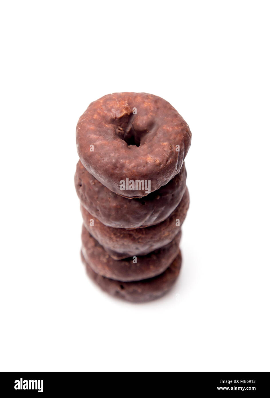 Chocolate Covered Snack Donuts on a White Background Stock Photo
