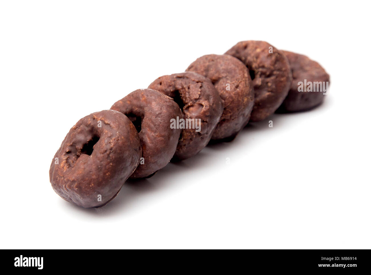 Chocolate Covered Snack Donuts on a White Background Stock Photo
