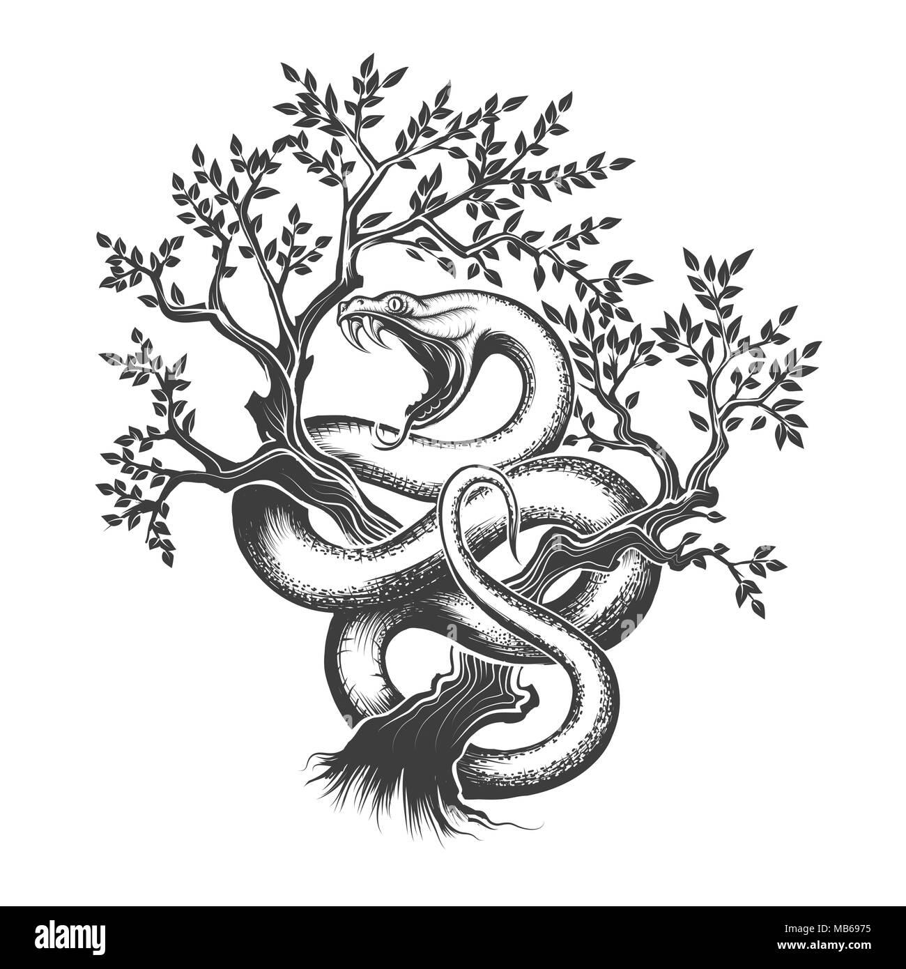 Snake with open mouth crawling up inside a tree drawn in engraving style. Vector illustration. Stock Vector