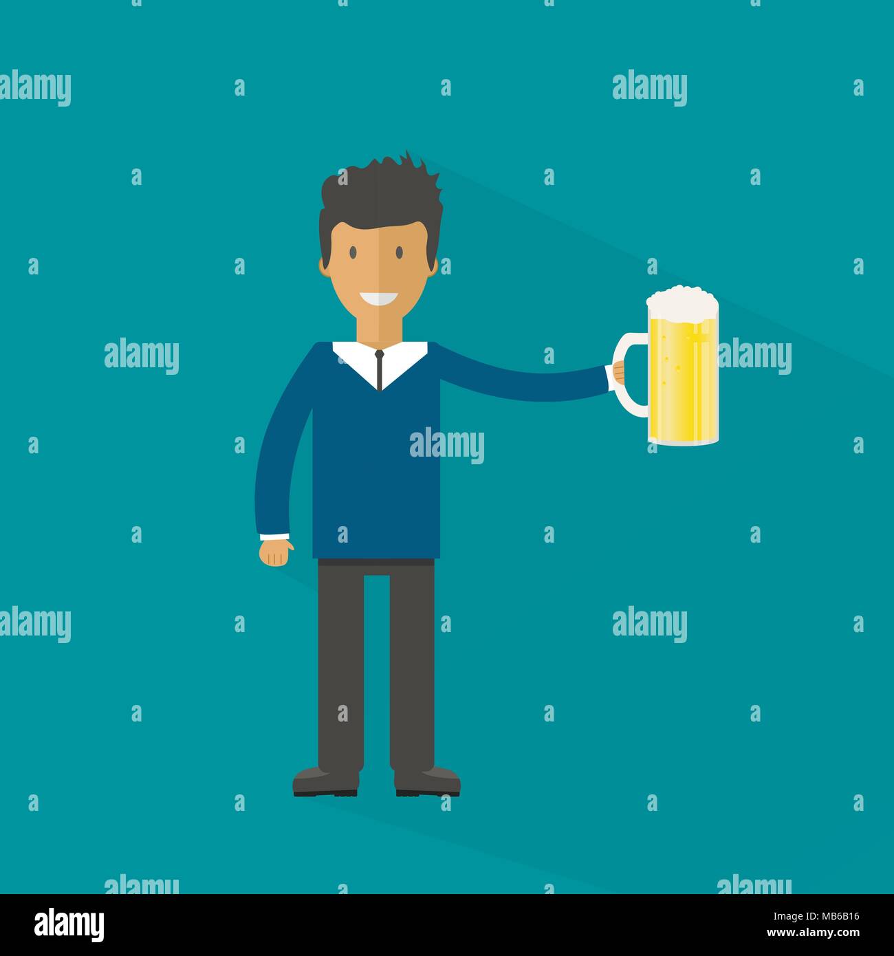 Man with beer bottle, mugs and glasses. Vector icon with alcoholic beverages. Wheat beer, lager, craft beer, ale. Stock Vector