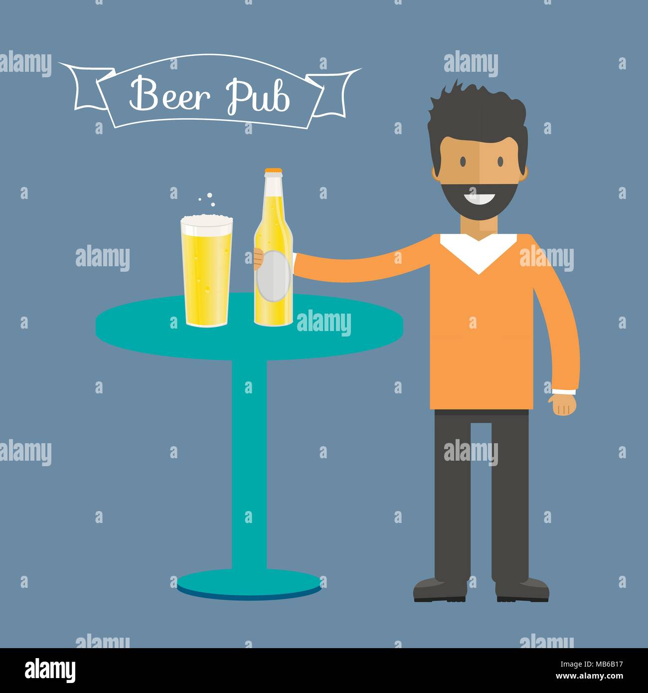 Man with beer bottle, mugs and glasses. Vector icon with alcoholic beverages. Wheat beer, lager, craft beer, ale. Stock Vector
