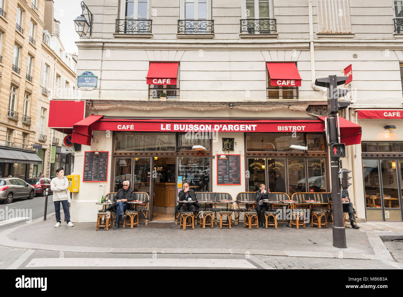 Cafe Le Buisson D'Argent, A quintessential Parisian Cafe on the crossing of Rue de L'Université and Rue du Bac. Stock Photo