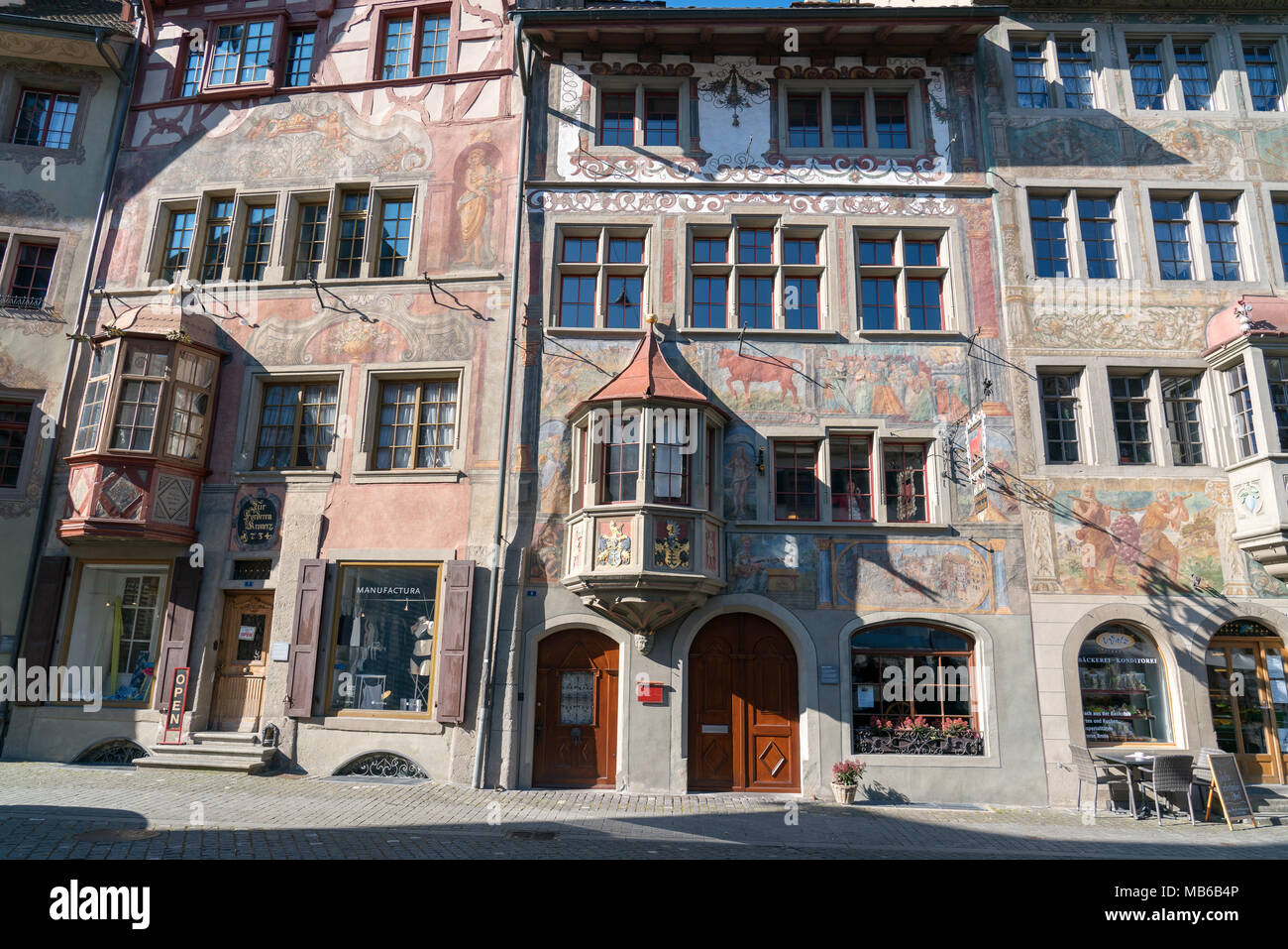 STEIN AM RHEIN, SWITZERLAND - MARCH 24, 2018 : Colorful painted old building in historic swiss town Stein Am Rhein in Switzerland Stock Photo