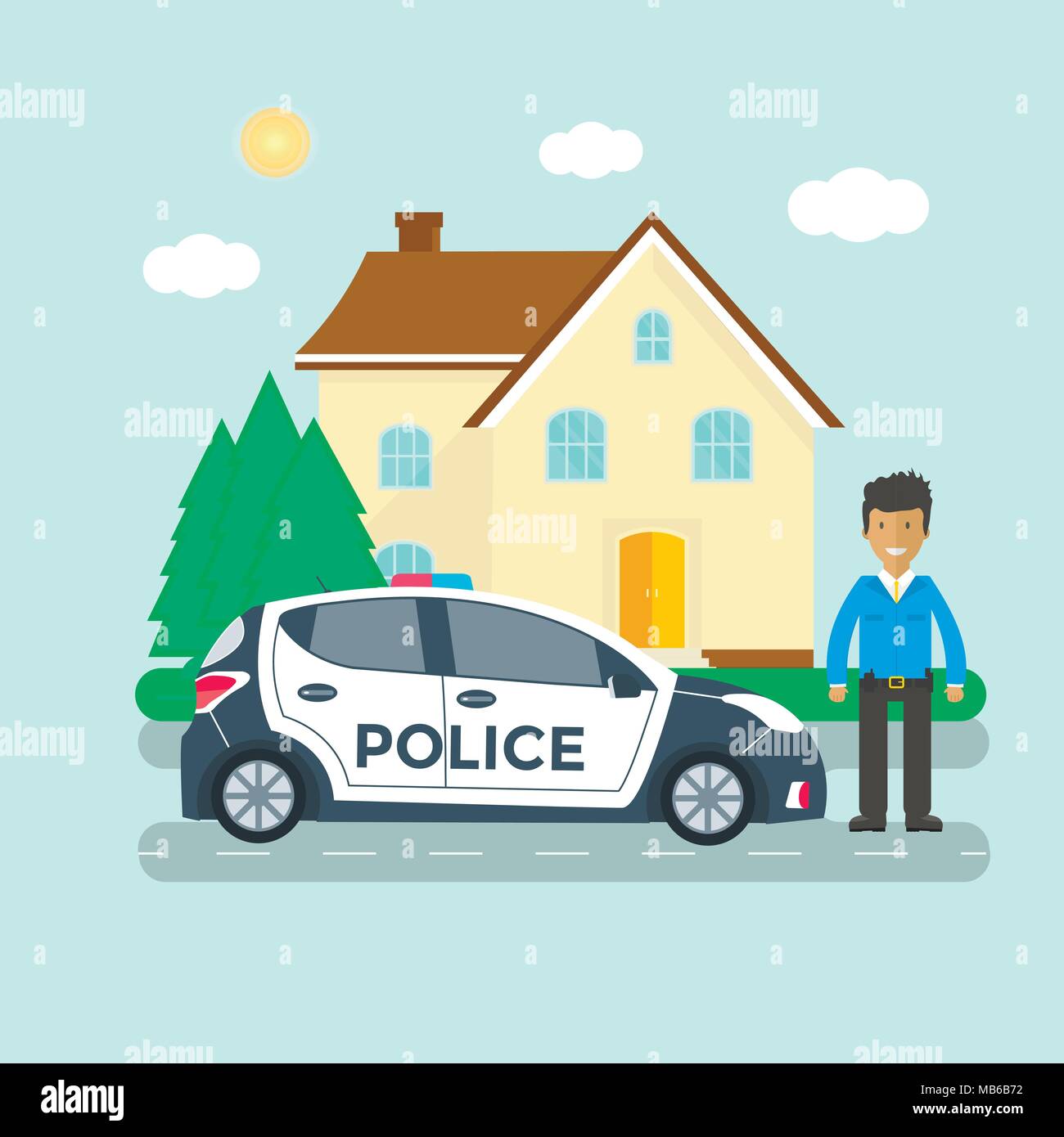 Police patrol on a road with police car, officer, house, nature landscape. Policeman in uniform, vehicle with rooftop flashing lights. Flat vector ill Stock Vector