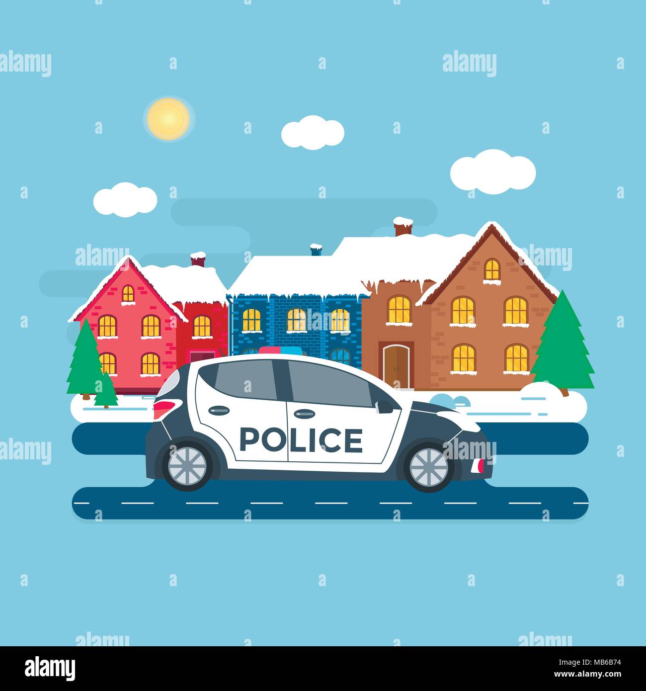 Police patrol on a road with police car, officer, house, nature landscape. Policeman in uniform, vehicle with rooftop flashing lights. Flat vector ill Stock Vector