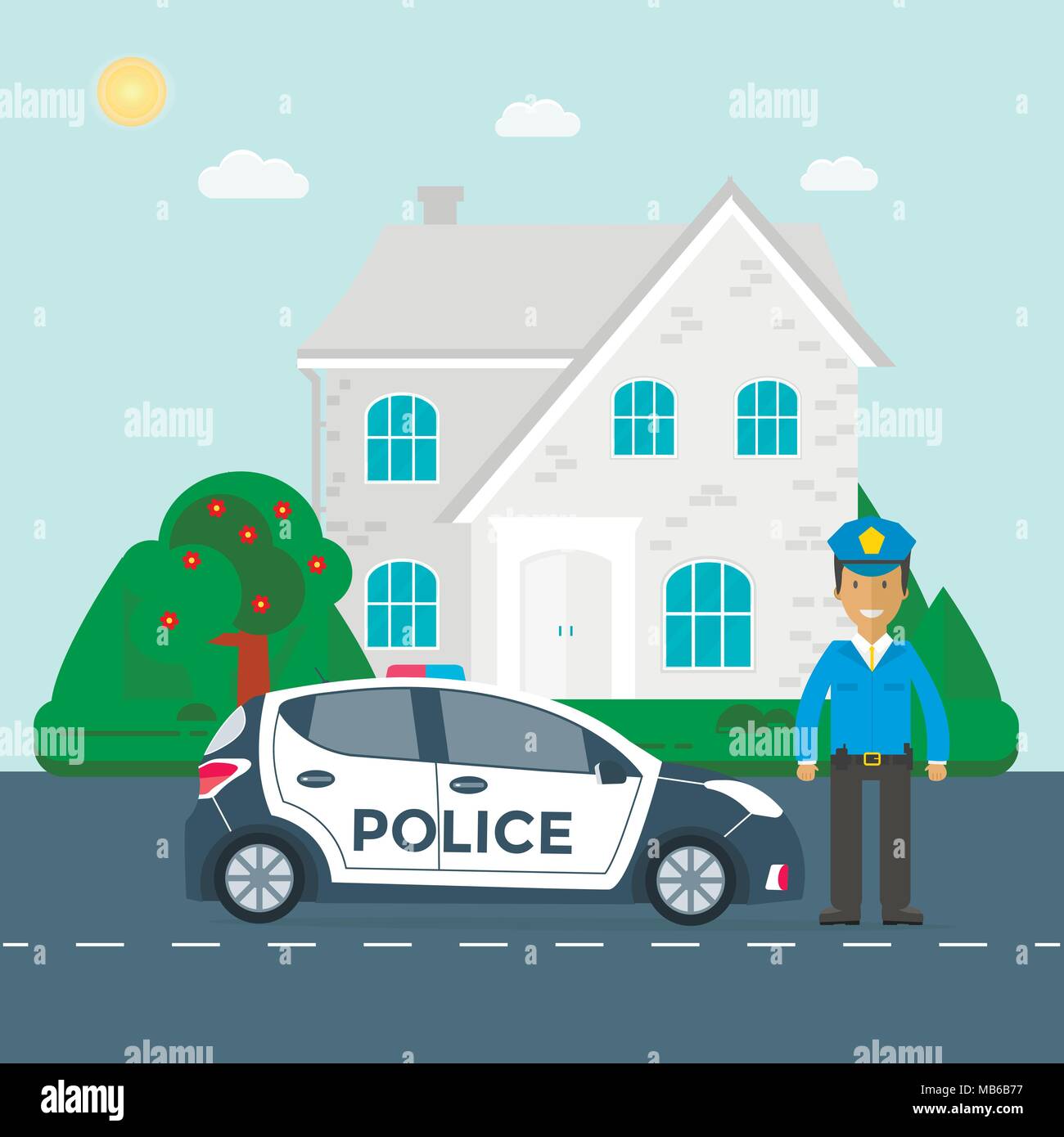 Police patrol on a road with police car, officer, house, nature landscape. Policeman in uniform, vehicle with rooftop flashing lights. Flat vector ill Stock Vector