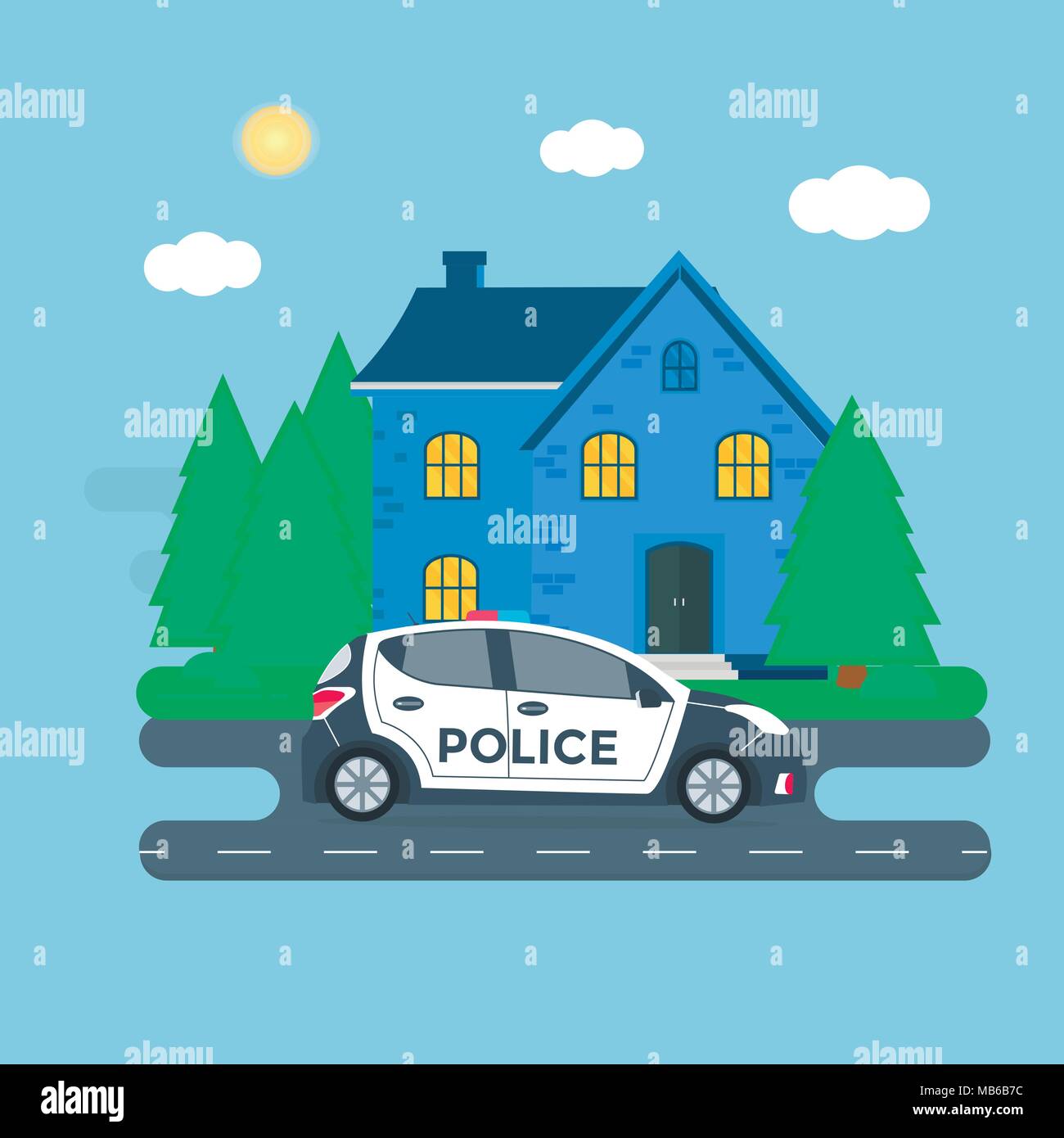 Police patrol on a road with police car, officer, house, nature landscape. Policeman in uniform, vehicle with rooftop flashing lights. Flat vector ill Stock Vector