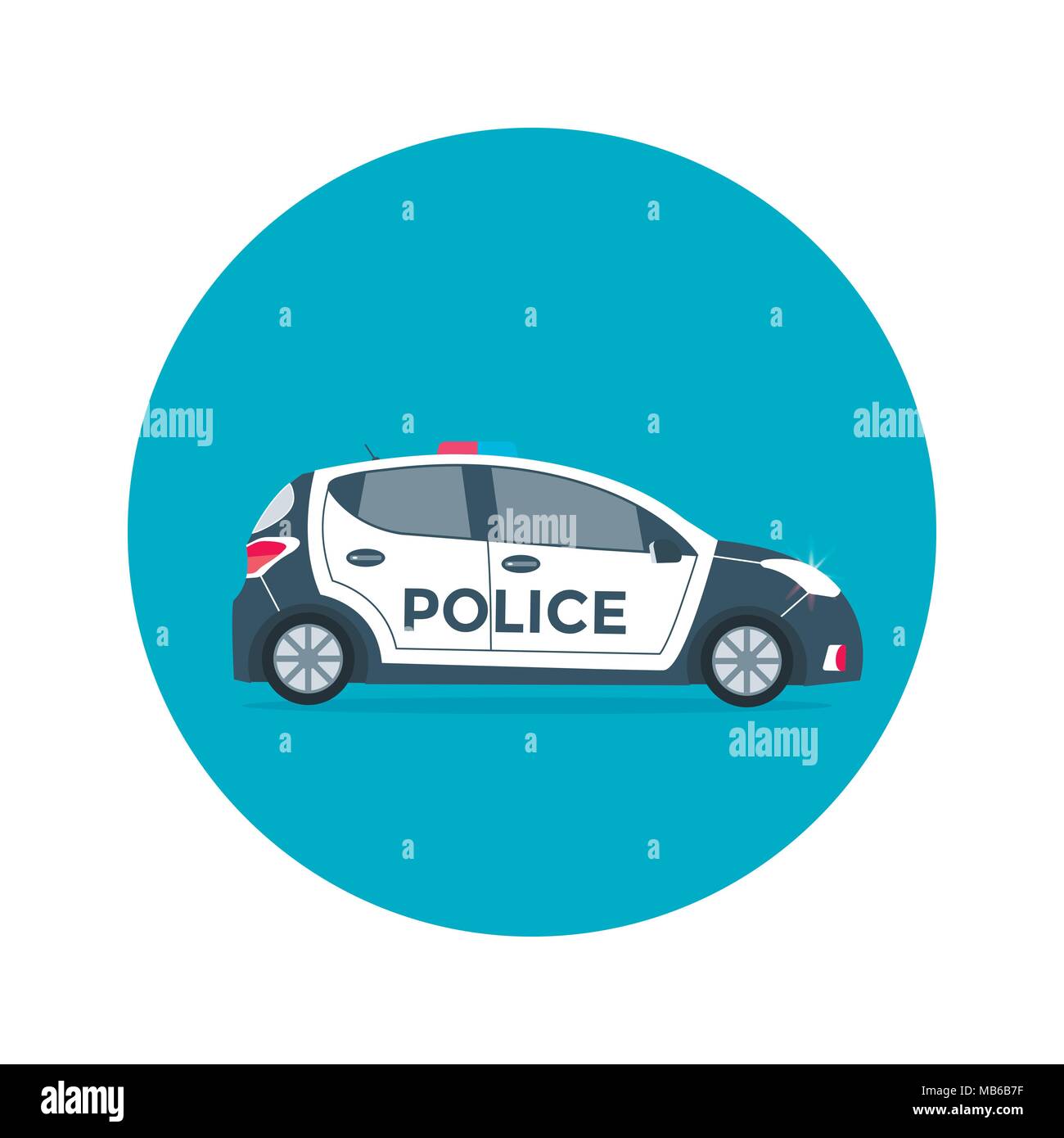 Vector police car side view isolated on blue circle with flashing light, siren. Flat vector illustration of vehicle. Stock Vector