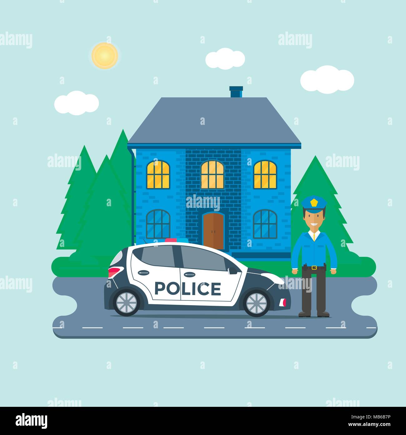 Police patrol on a road with police car, officer, house, nature landscape. Policeman in uniform, vehicle with rooftop flashing lights. Flat vector ill Stock Vector