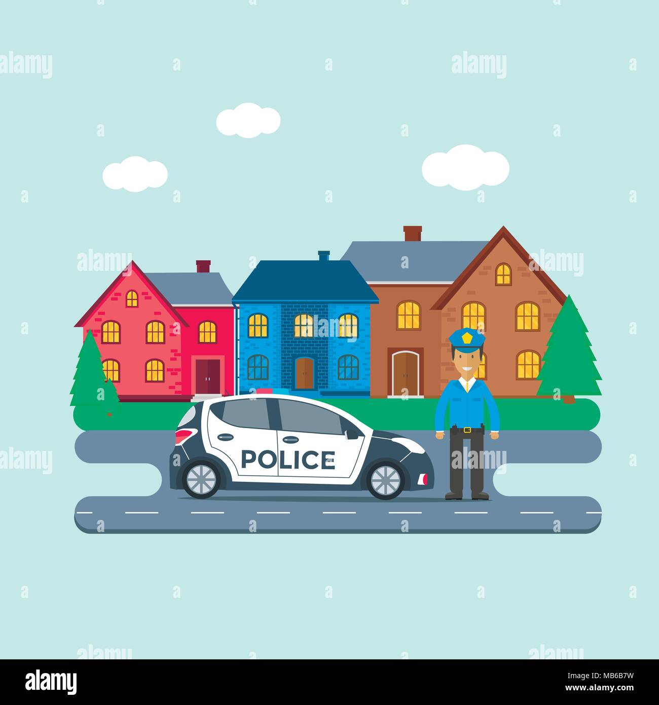 Police patrol on a road with police car, officer, house, nature landscape. Policeman in uniform, vehicle with rooftop flashing lights. Flat vector ill Stock Vector