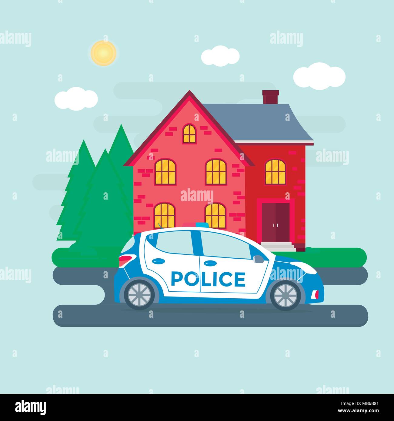 Police patrol on a road with police car, officer, house, nature landscape. Policeman in uniform, vehicle with rooftop flashing lights. Flat vector ill Stock Vector