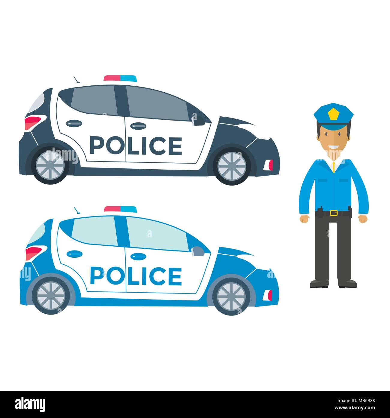 Vector police car side view and officer isolated on white with flashing light, siren. Policeman in uniform. Flat vector illustration of vehicle. Stock Vector