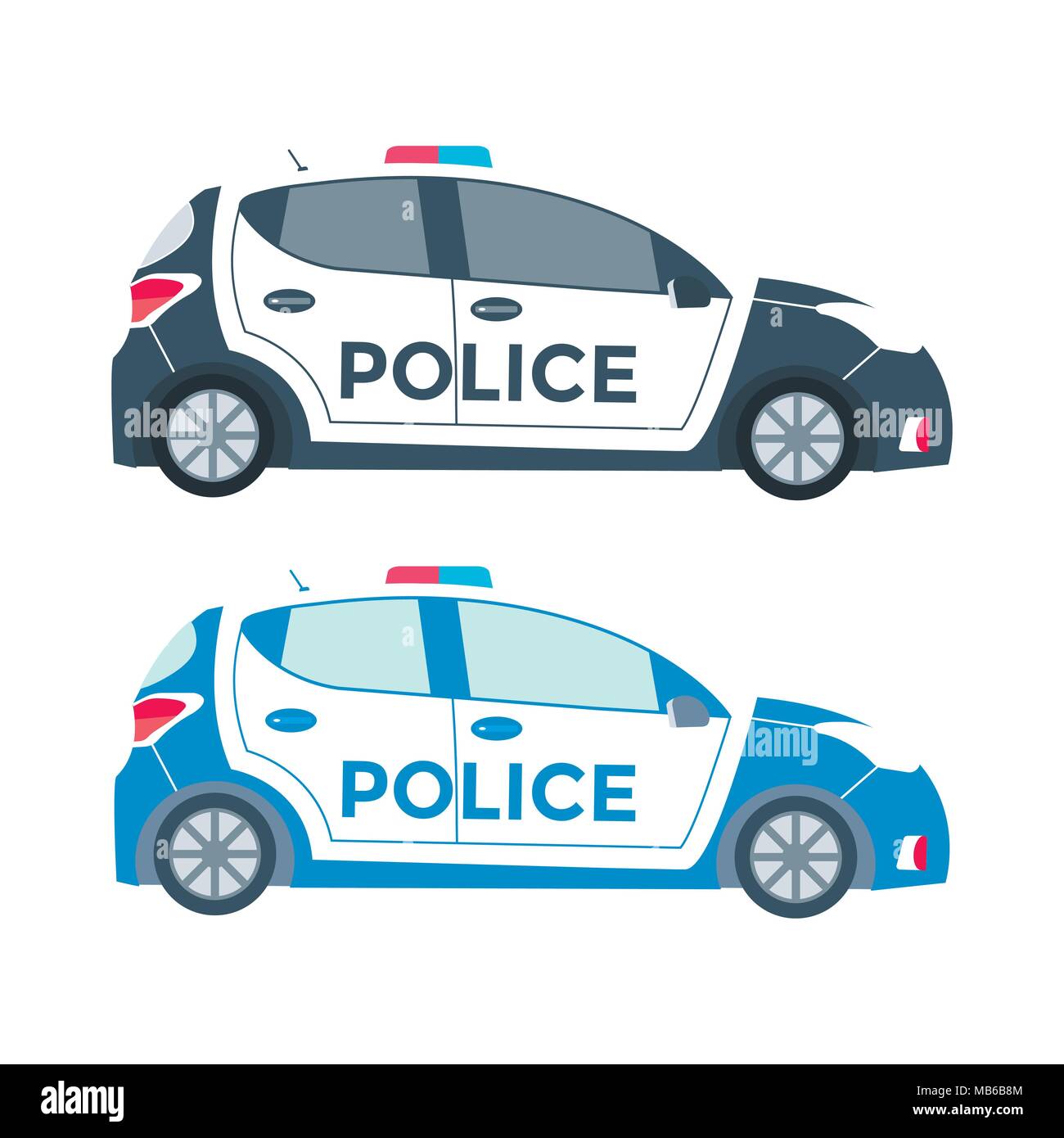 Vector police car side view isolated on white with flashing light, siren. Flat vector illustration of vehicle. Stock Vector