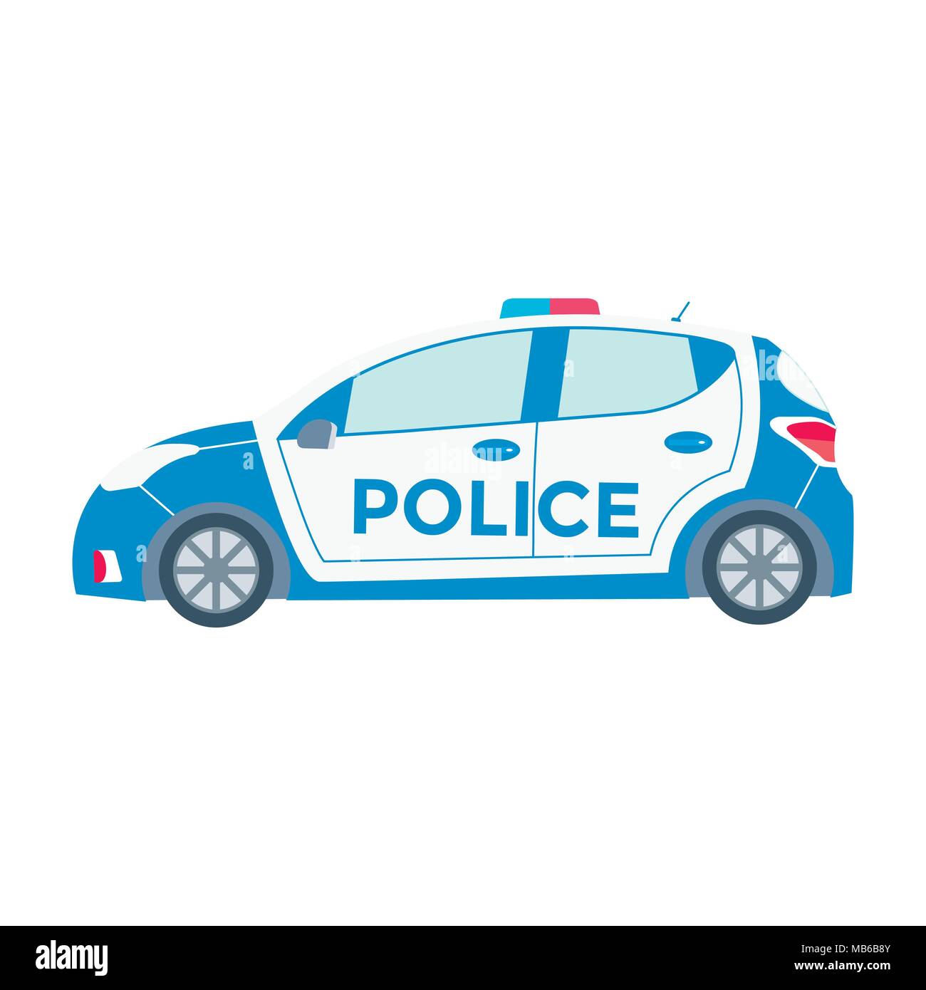 Vector police car side view isolated on white with flashing light, siren. Flat vector illustration of vehicle. Stock Vector
