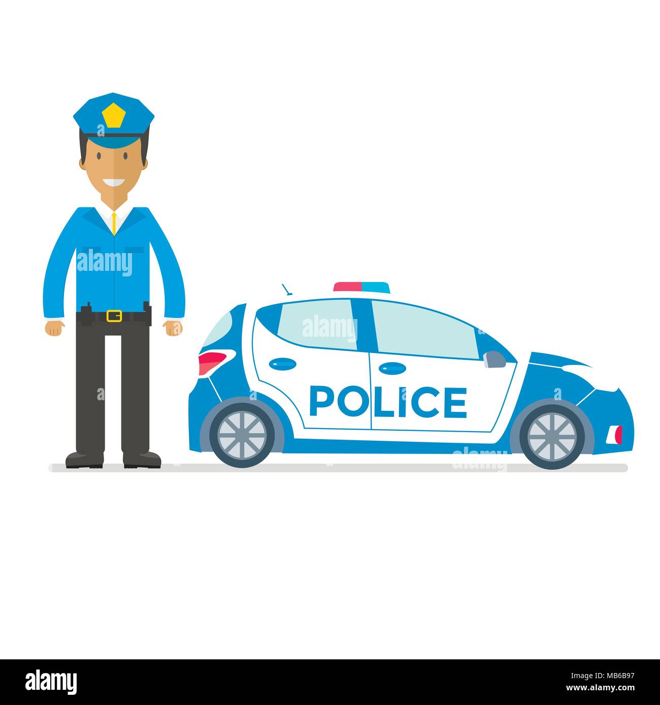 Vector police car side view and officer isolated on white with flashing light, siren. Policeman in uniform. Flat vector illustration of vehicle. Stock Vector