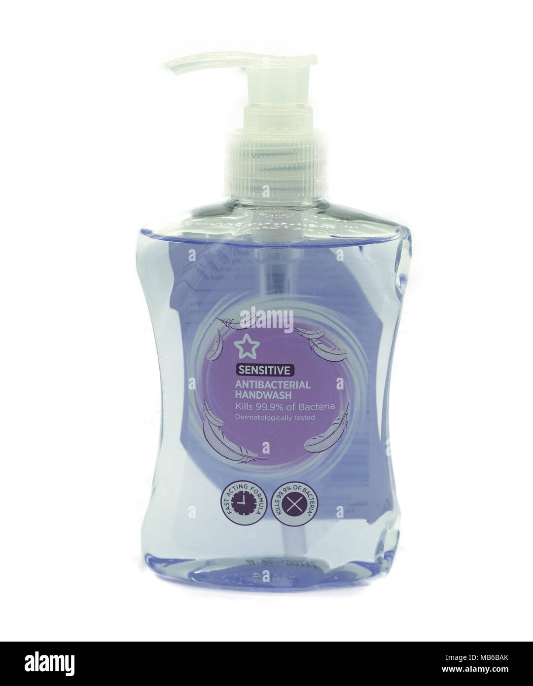 Largs, Scotland, UK - April 06, 2018: Sensitive Hand Wash in Plastic Recyclable Bottle non aeroson pump action cap and in line with recent UK eco init Stock Photo