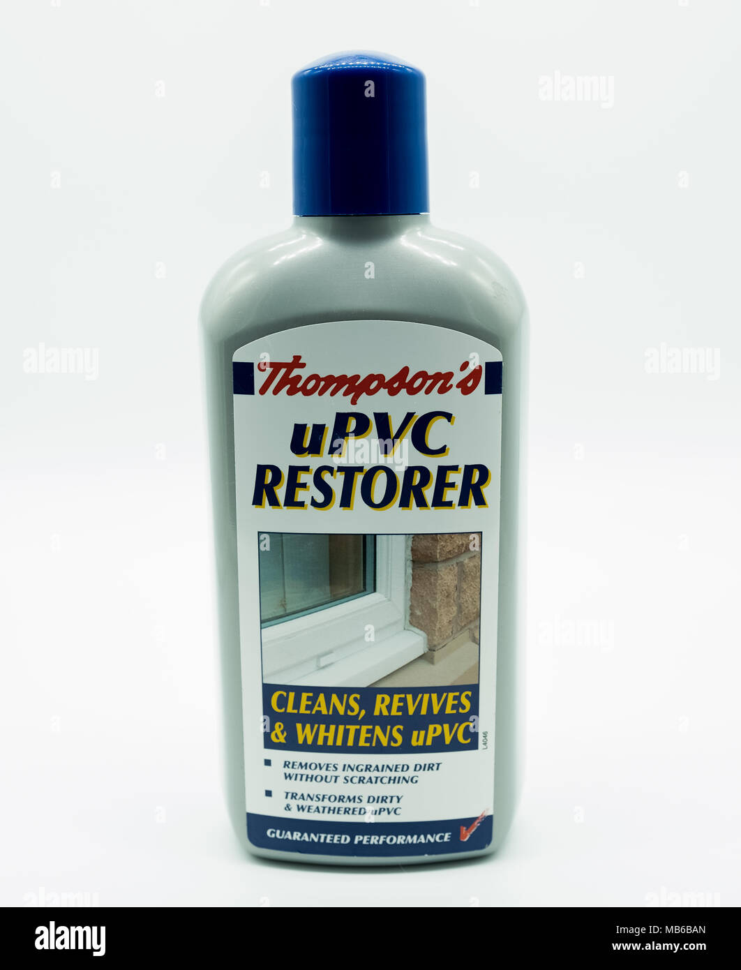 Largs, Scotland, UK - April 06, 2018: Thompson's uPVC restorer in a recyclable plastic bottle in line with UK eco initiatives Stock Photo
