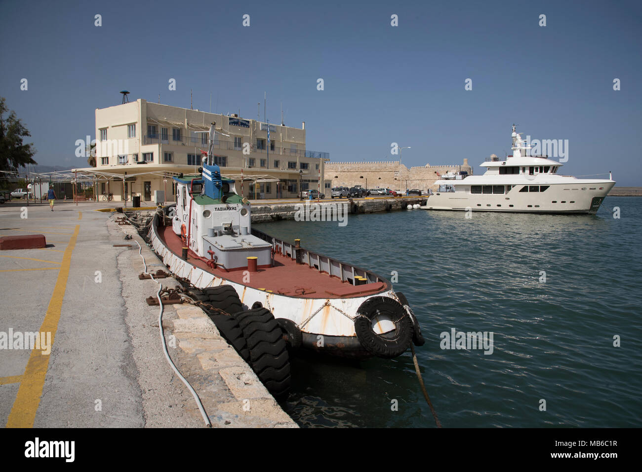 Heraklion Port, Crete, Greece. The harbour and Hellenic Coast Guard building on the harbourside. 2017 Stock Photo